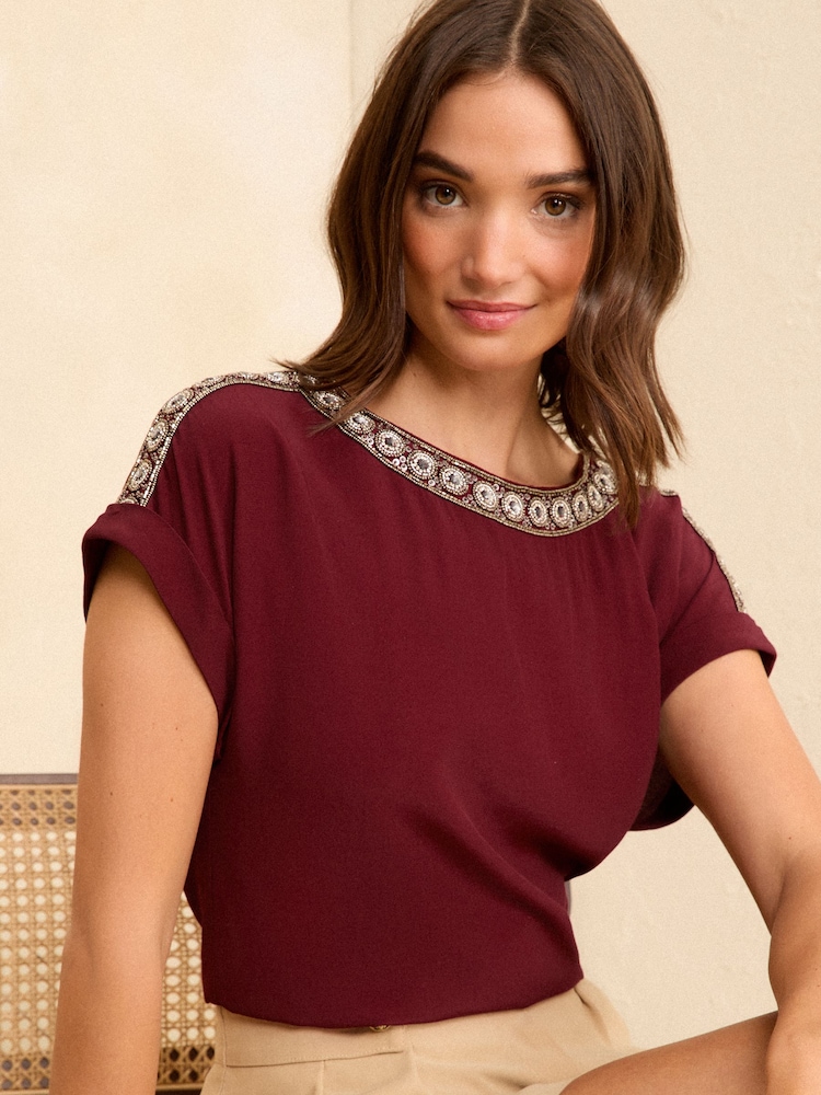 Love & Roses Embelished Burgundy Red Petite Roll Sleeve T-Shirt - Image 1 of 4 Love & Roses Embelished Burgundy Red Petite Roll Sleeve T-Shirt - Image 1 of 4