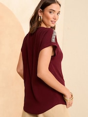 Love & Roses Embelished Burgundy Red Petite Roll Sleeve T-Shirt - Image 4 of 4