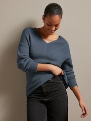 Blue Relaxed Fit Ribbed V-Neck Knitted Jumper - Image 1 of 6