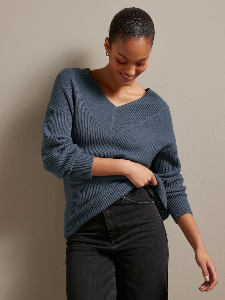 Blue Relaxed Fit Ribbed V-Neck Knitted Jumper - Image 1 of 6