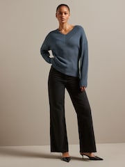 Blue Relaxed Fit Ribbed V-Neck Knitted Jumper - Image 2 of 6