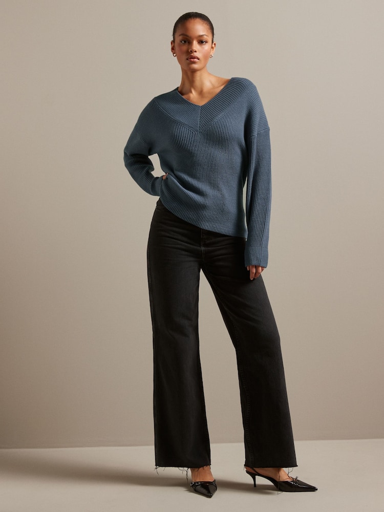 Blue Relaxed Fit Ribbed V-Neck Knitted Jumper - Image 2 of 6