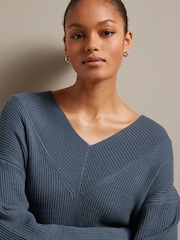 Blue Relaxed Fit Ribbed V-Neck Knitted Jumper - Image 4 of 6