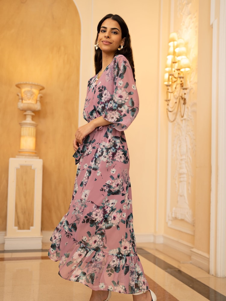 Yumi Light Pink Floral Kimono Sleeves Dip Hem Wrap Midi Dress - Image 4 of 9