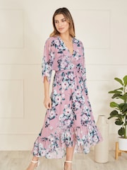 Yumi Light Pink Floral Kimono Sleeves Dip Hem Wrap Midi Dress - Image 5 of 9