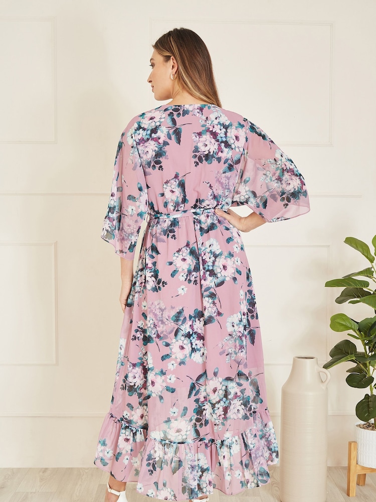 Yumi Light Pink Floral Kimono Sleeves Dip Hem Wrap Midi Dress - Image 6 of 9