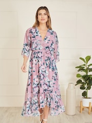Yumi Light Pink Floral Kimono Sleeves Dip Hem Wrap Midi Dress - Image 7 of 9