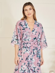 Yumi Light Pink Floral Kimono Sleeves Dip Hem Wrap Midi Dress - Image 8 of 9