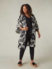 Live Unlimited Black Curve Leaf Print Textured Kimono Jacket - Image 1 of 7