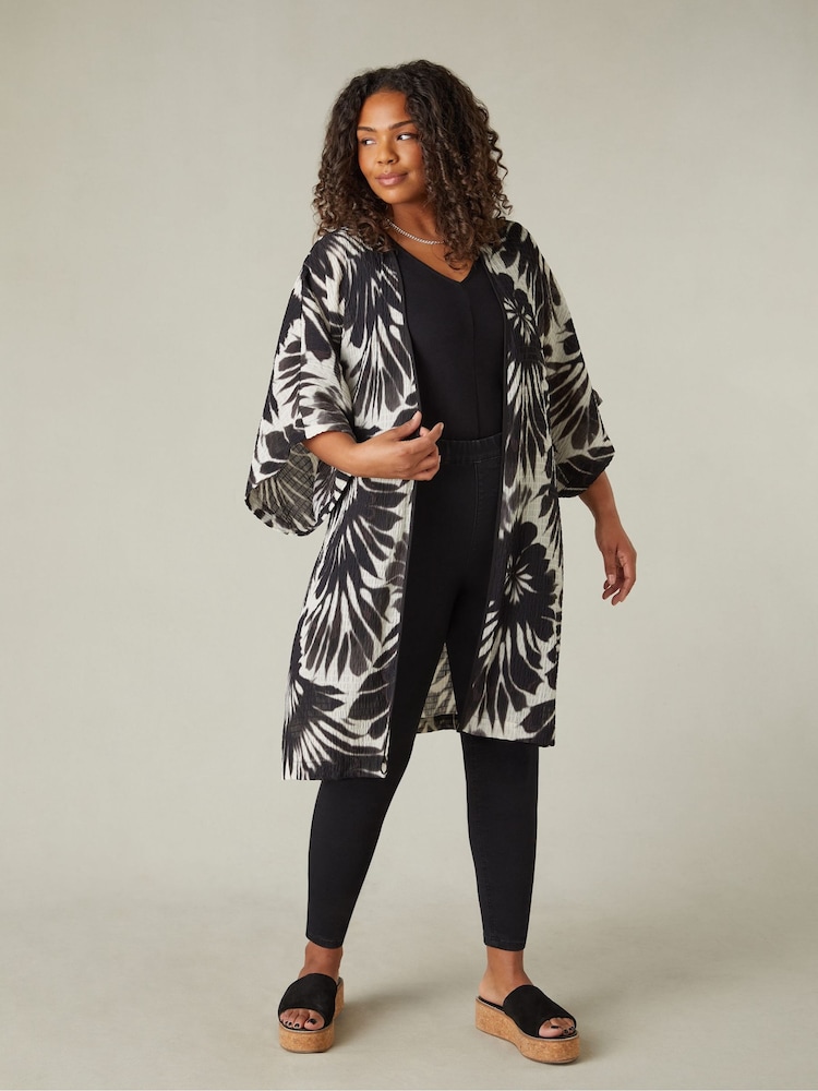 Live Unlimited Black Curve Leaf Print Textured Kimono Jacket - Image 1 of 7 Live Unlimited Black Curve Leaf Print Textured Kimono Jacket - Image 1 of 7