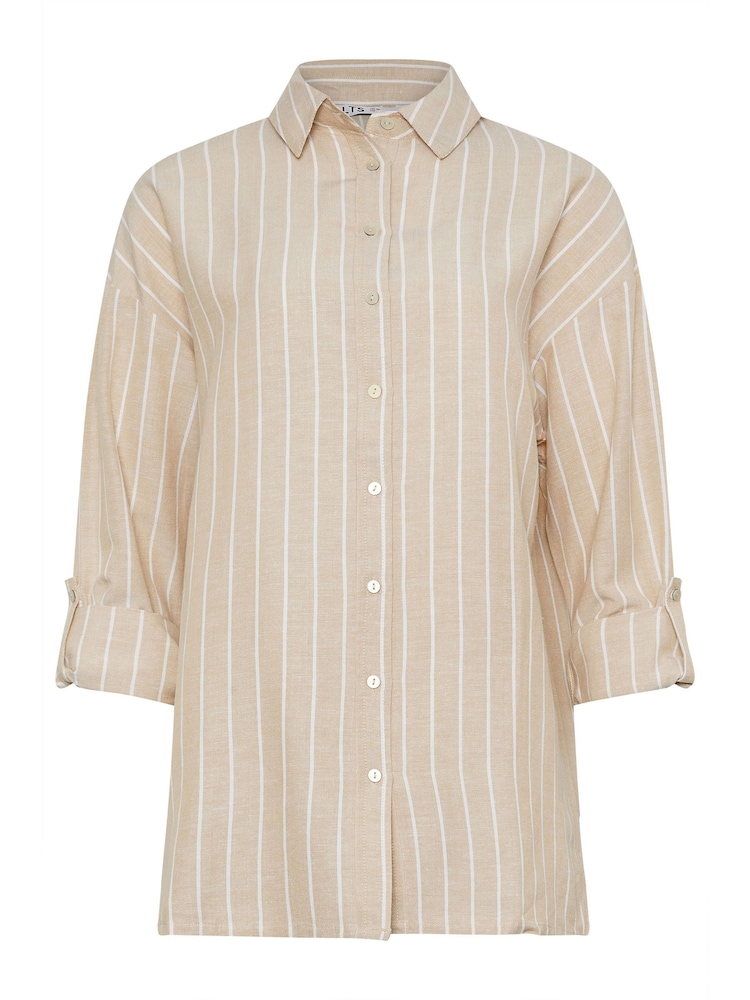 Long Tall Sally Natural LTS Tall Stone Brown Stripe Linen Shirt - Image 5 of 5