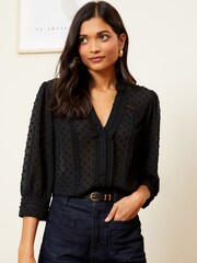 Love & Roses Black Dobby Polka Dot Lace Trim 3/4 Sleeve Button Through Blouse - Image 1 of 4