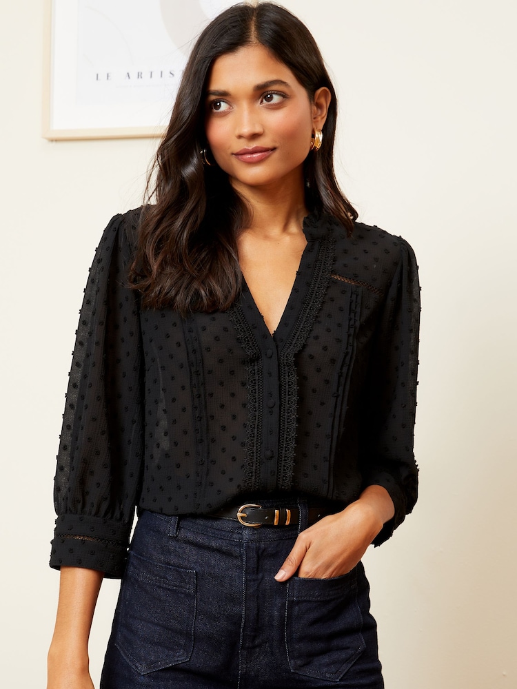 Love & Roses Black Dobby Polka Dot Lace Trim 3/4 Sleeve Button Through Blouse - Image 1 of 4