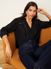 Love & Roses Black Dobby Polka Dot Lace Trim 3/4 Sleeve Button Through Blouse - Image 2 of 4