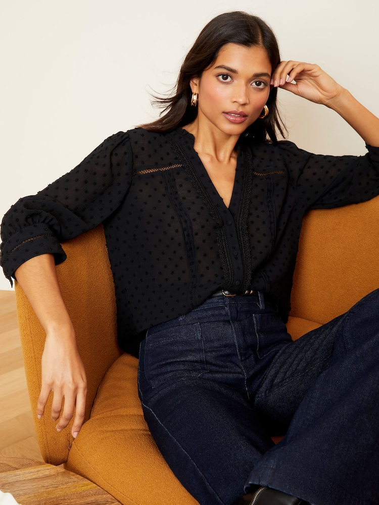 Love & Roses Black Dobby Polka Dot Lace Trim 3/4 Sleeve Button Through Blouse - Image 2 of 4