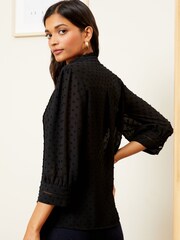 Love & Roses Black Dobby Polka Dot Lace Trim 3/4 Sleeve Button Through Blouse - Image 3 of 4