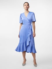 Y.A.S Blue Satin Wrap Ruffle Dress - Image 1 of 4