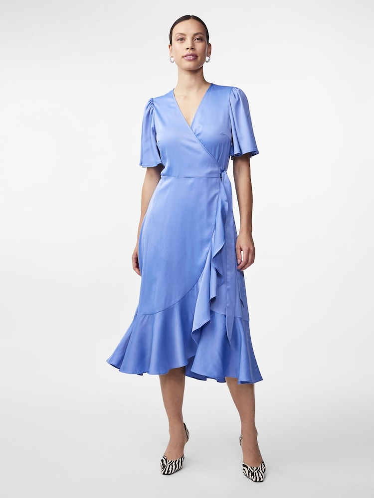 Y.A.S Blue Satin Wrap Ruffle Dress - Image 1 of 4