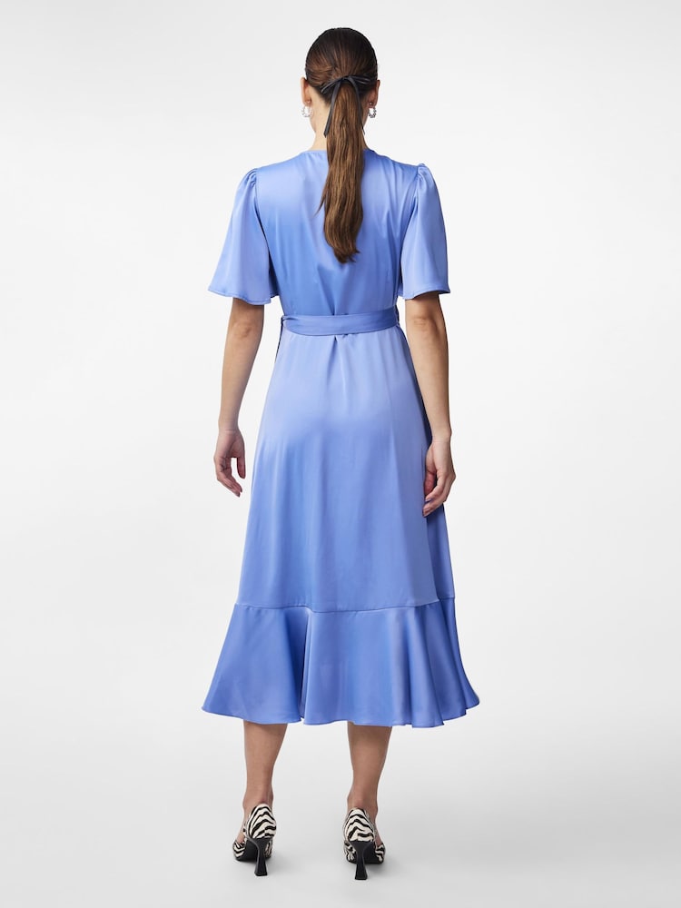 Y.A.S Blue Satin Wrap Ruffle Dress - Image 2 of 4
