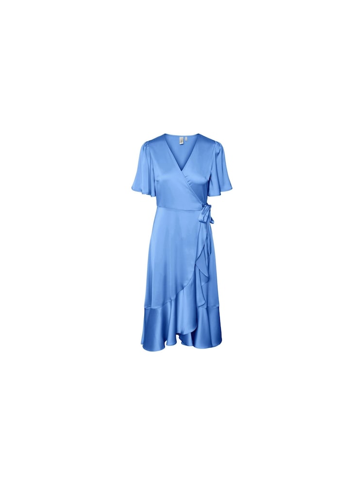 Y.A.S Blue Satin Wrap Ruffle Dress - Image 4 of 4