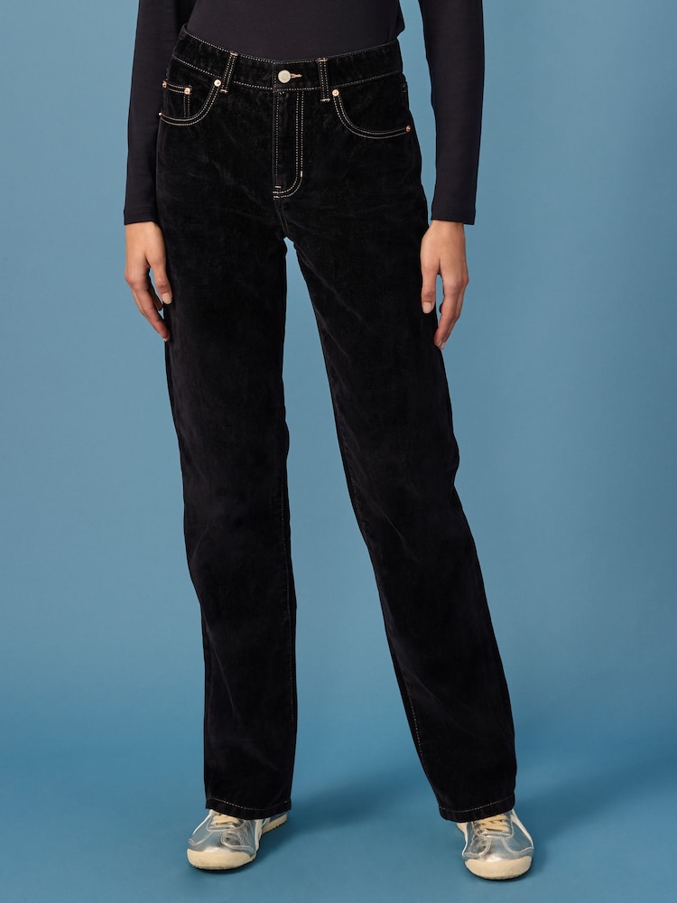 Navy Velvet Flocked Rigid Straight Leg Jeans - Image 1 of 12
