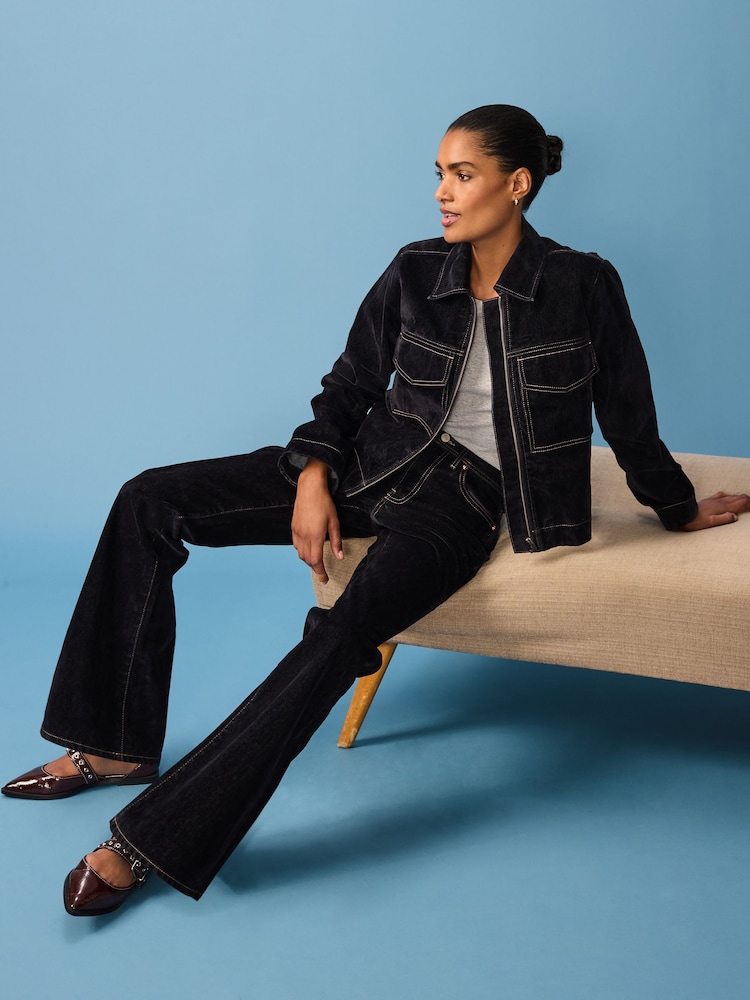 Navy Velvet Flocked Rigid Straight Leg Jeans - Image 2 of 12