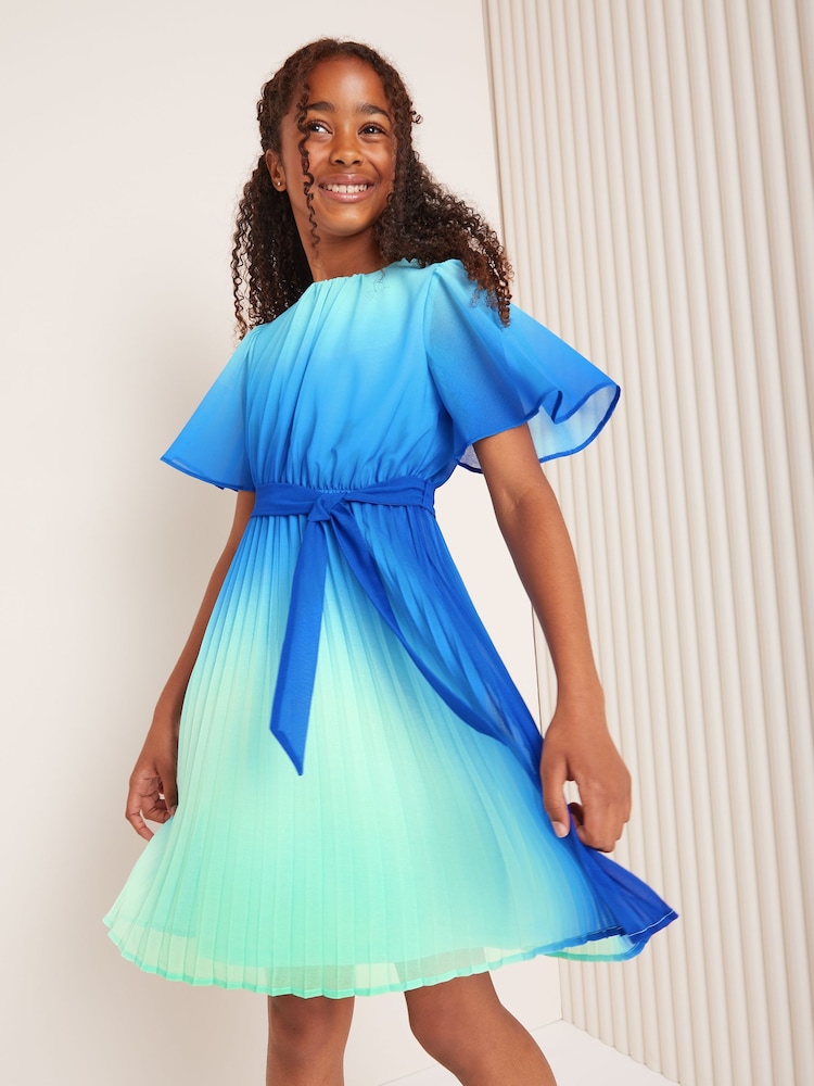 Love & Roses Blue Ombre Flutter Sleeve Pleated Dress (5-16yrs) - Image 1 of 4 Love & Roses Blue Ombre Flutter Sleeve Pleated Dress (5-16yrs) - Image 1 of 4