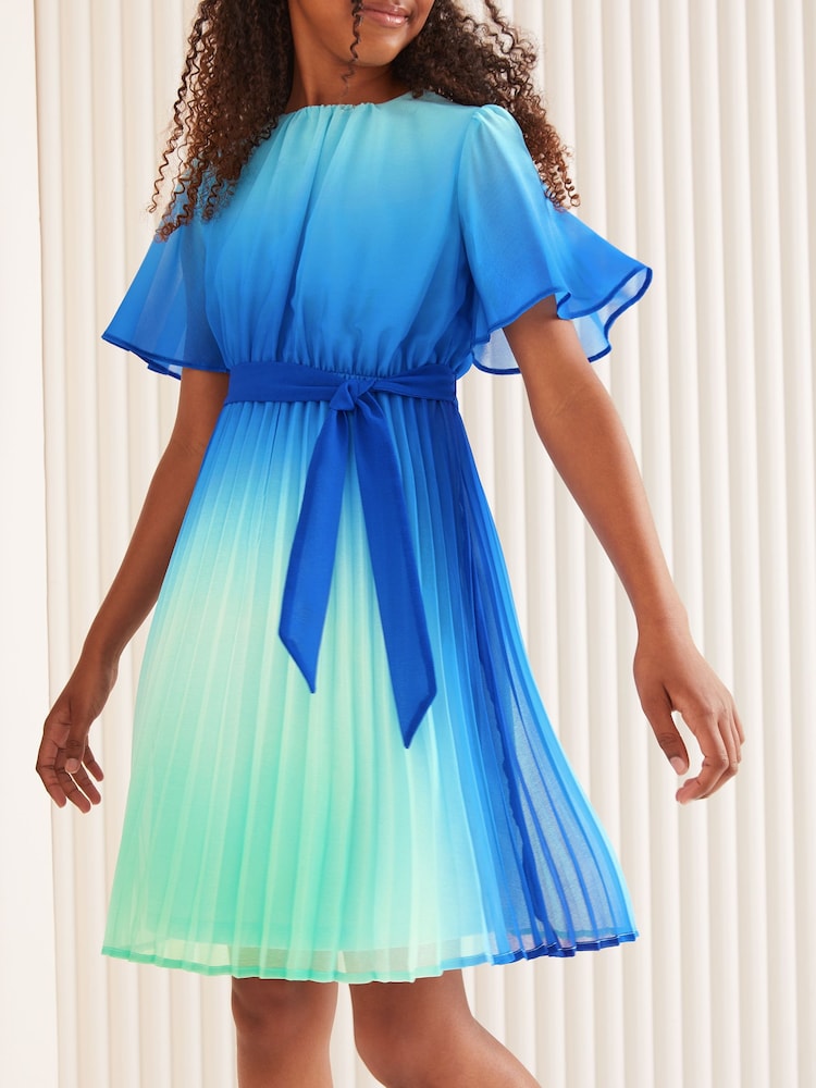 Love & Roses Blue Ombre Flutter Sleeve Pleated Dress (5-16yrs) - Image 2 of 4 Love & Roses Blue Ombre Flutter Sleeve Pleated Dress (5-16yrs) - Image 2 of 4
