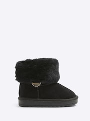 River Island Black Suedette Girls Faux Fur Lined Boots - Image 1 of 5