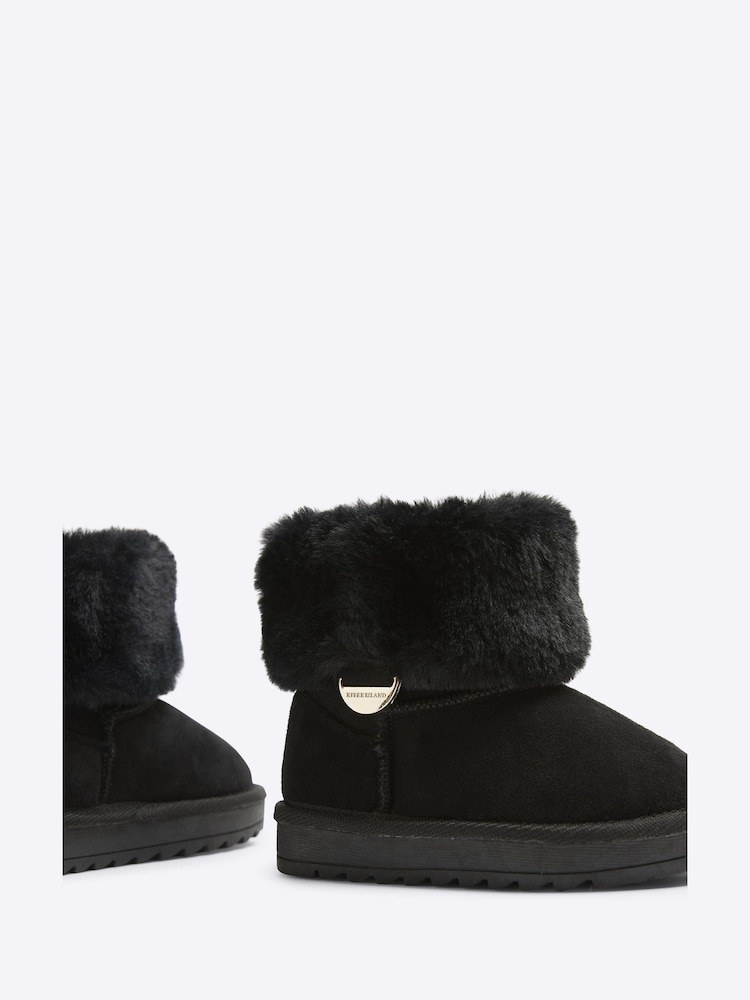 River Island Black Suedette Girls Faux Fur Lined Boots - Image 5 of 5
