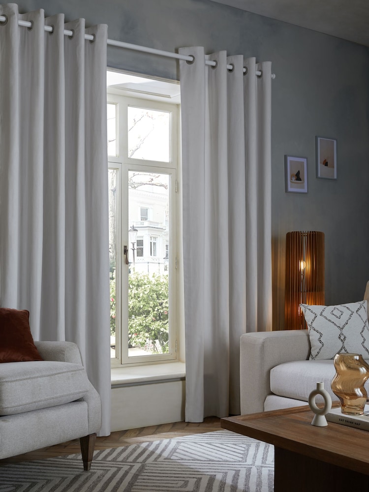 Grey Light Cloud Lined Cotton Eyelet Curtains - Image 1 of 7
