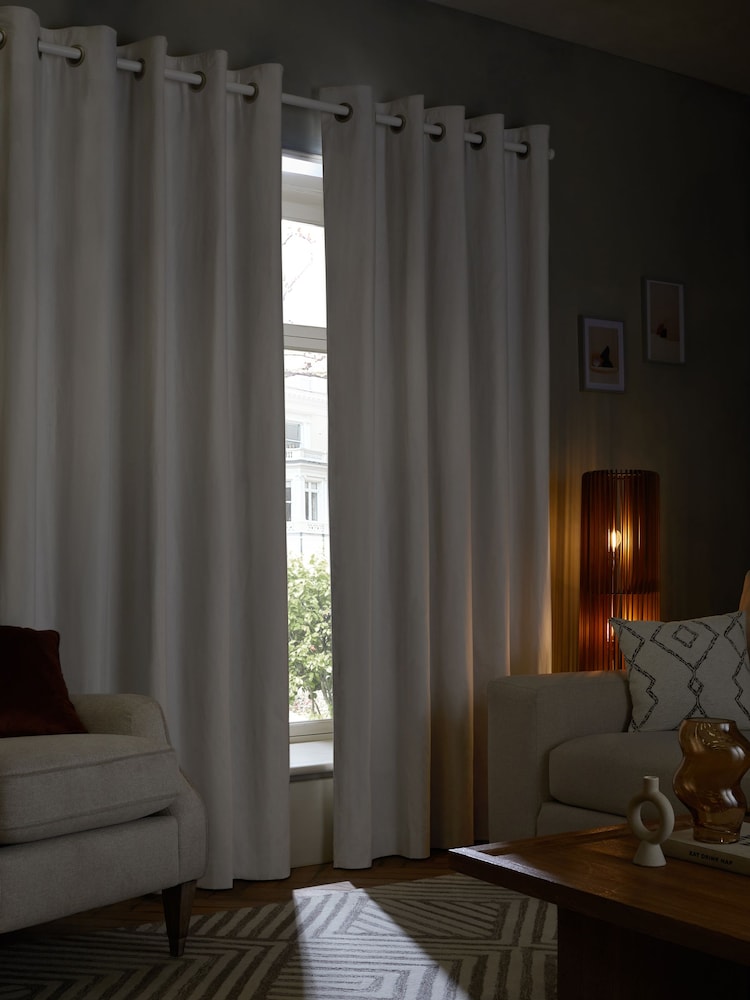 Grey Light Cloud Lined Cotton Eyelet Curtains - Image 2 of 7