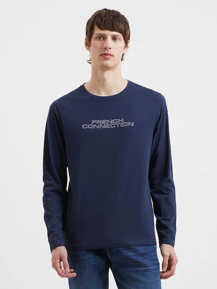 French Connection Blue Spacefold Long Sleeve 100% Cotton T-Shirt - Image 1 of 4