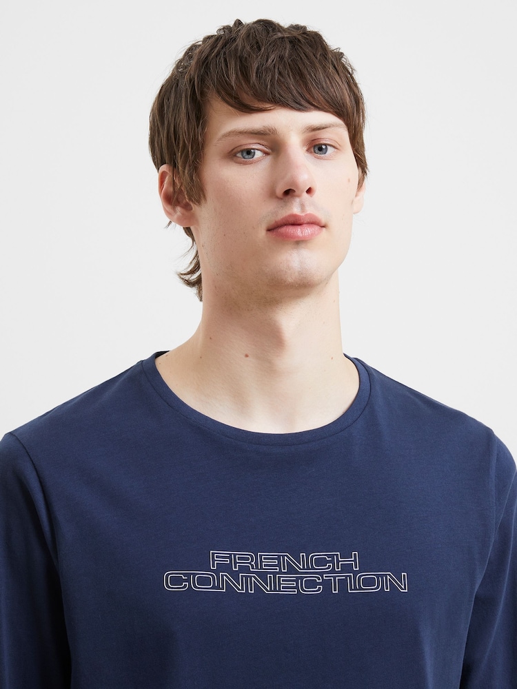 French Connection Blue Spacefold Long Sleeve 100% Cotton T-Shirt - Image 4 of 4