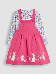 JoJo Maman Bébé Raspberry Pink Bunny Appliqué Pinafore Dress & Top Set - Image 1 of 6
