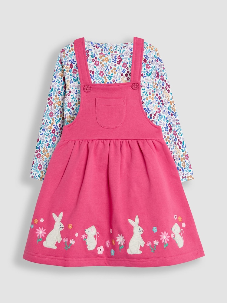 JoJo Maman Bébé Raspberry Pink Bunny Appliqué Pinafore Dress & Top Set - Image 1 of 6
