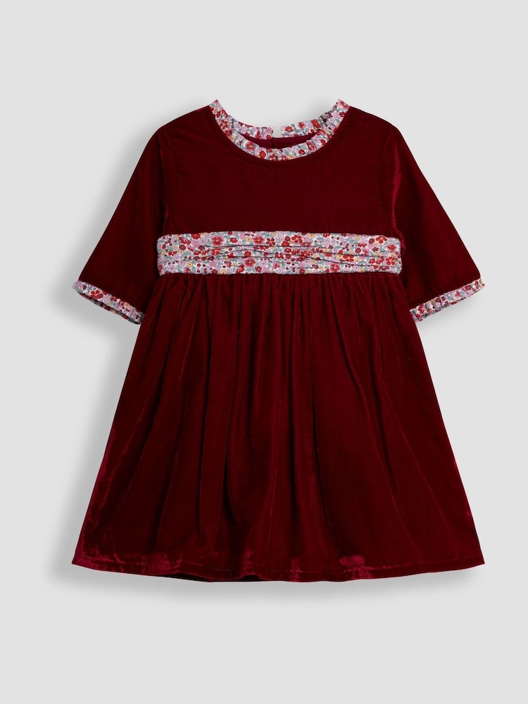JoJo Maman Bébé Red Floral Peter Pan Collar Velvet Party Dress - Image 1 of 4