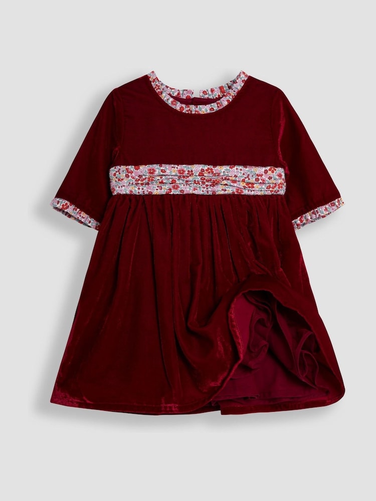 JoJo Maman Bébé Red Floral Peter Pan Collar Velvet Party Dress - Image 2 of 4