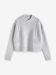 Grey Seam Detail Wrap Neck Rib Knitted Jumper - Image 7 of 8