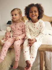 Pink/Cream Ditsy 2 Pack Textured Snuggle Pyjamas (9mths-12yrs) - Image 1 of 9