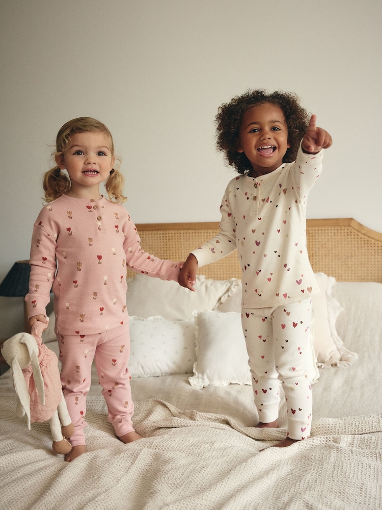 Pink/Cream Ditsy 2 Pack Textured Snuggle Pyjamas (9mths-12yrs) - Image 2 of 9
