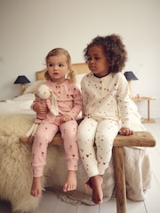 Pink/Cream Ditsy 2 Pack Textured Snuggle Pyjamas (9mths-12yrs) - Image 4 of 9