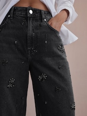 Black Hand Embellished Barrel Denim 100% Cotton Jeans - Image 1 of 8