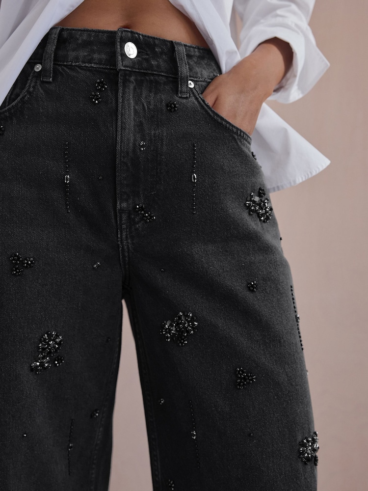 Black Hand Embellished Barrel Denim 100% Cotton Jeans - Image 1 of 8