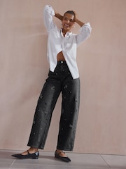 Black Hand Embellished Barrel Denim 100% Cotton Jeans - Image 2 of 8