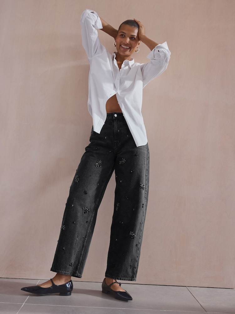 Black Hand Embellished Barrel Denim 100% Cotton Jeans - Image 2 of 8