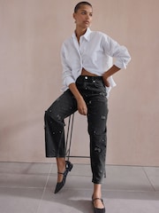 Black Hand Embellished Barrel Denim 100% Cotton Jeans - Image 3 of 8