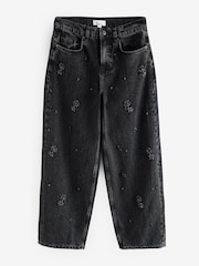 Black Hand Embellished Barrel Denim 100% Cotton Jeans - Image 6 of 8