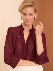 Love & Roses Burgundy Red Petite Dobby Polka Dot Lace Trim 3/4 Sleeve Button Through Blouse - Image 1 of 4