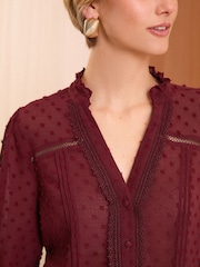 Love & Roses Burgundy Red Petite Dobby Polka Dot Lace Trim 3/4 Sleeve Button Through Blouse - Image 2 of 4